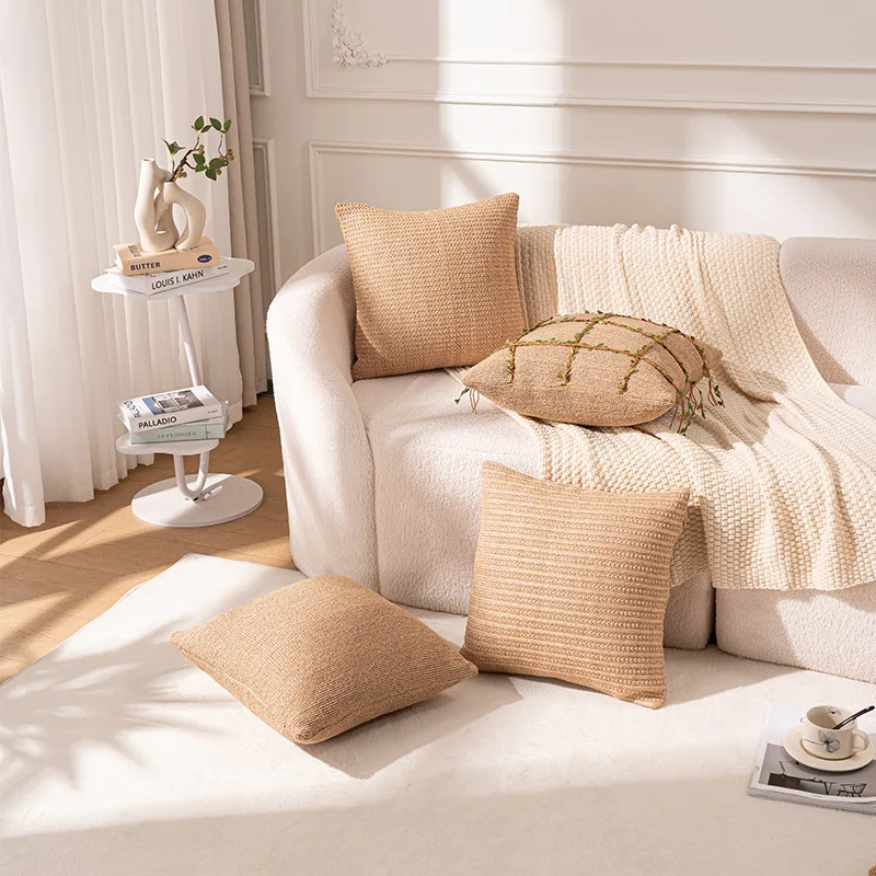 Natural Woven Jute Cushion Cover Green Grid Bohemian Pillow Case with Leaf Decor Breathable Summer Sofa Decor for Living Room