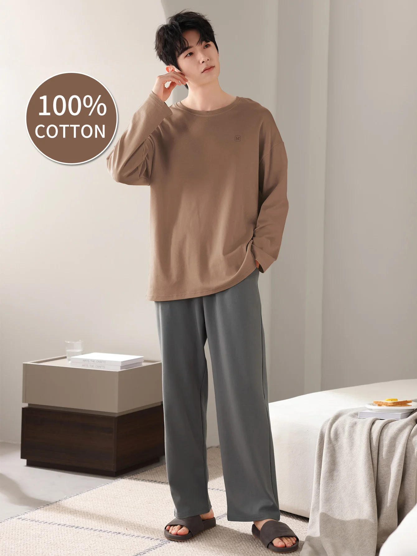 

Мужская одежда для сна из 100% хлопка с длинными рукавами, четырехсезонная мужская одежда больших размеров, подростковый домашний костюм из чистого хлопка, комплект для тепла