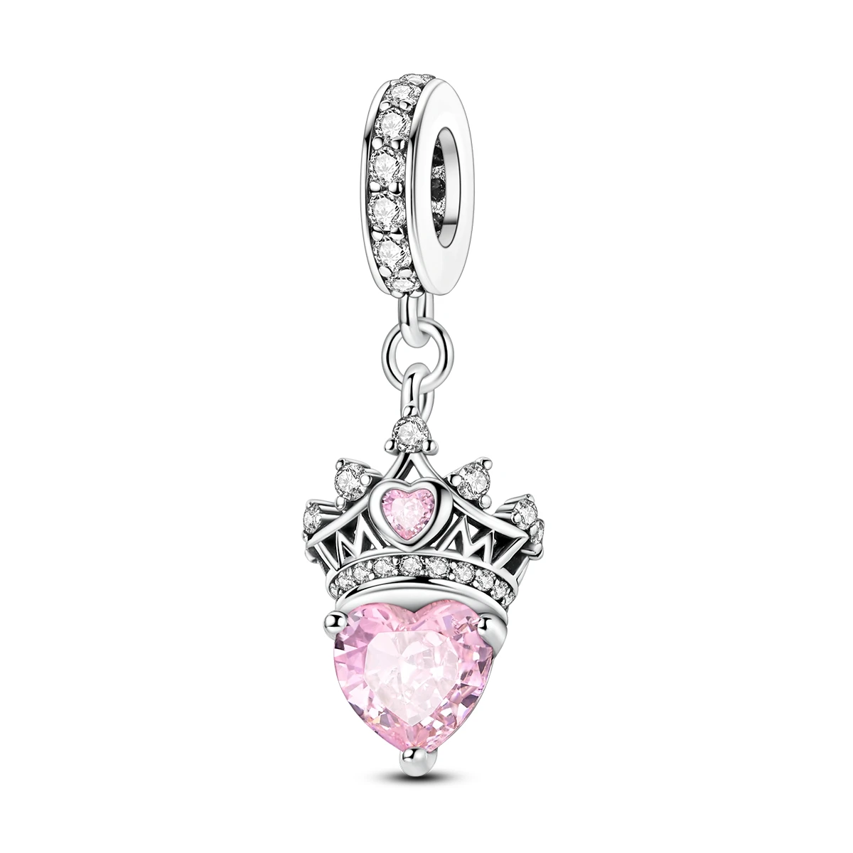 925 Sterling Silver Princess Crown Pink Heart CZ Charm Bead Fit Bracelets Necklace Women Girls Romantic Jewelry Gift