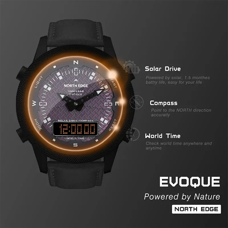 NORTH EDGE Men Digital Solar Watch Mens Outdoor Sport Watches Full Metal Waterproof 50M Compass Countdown Stopwatch Smart Watch