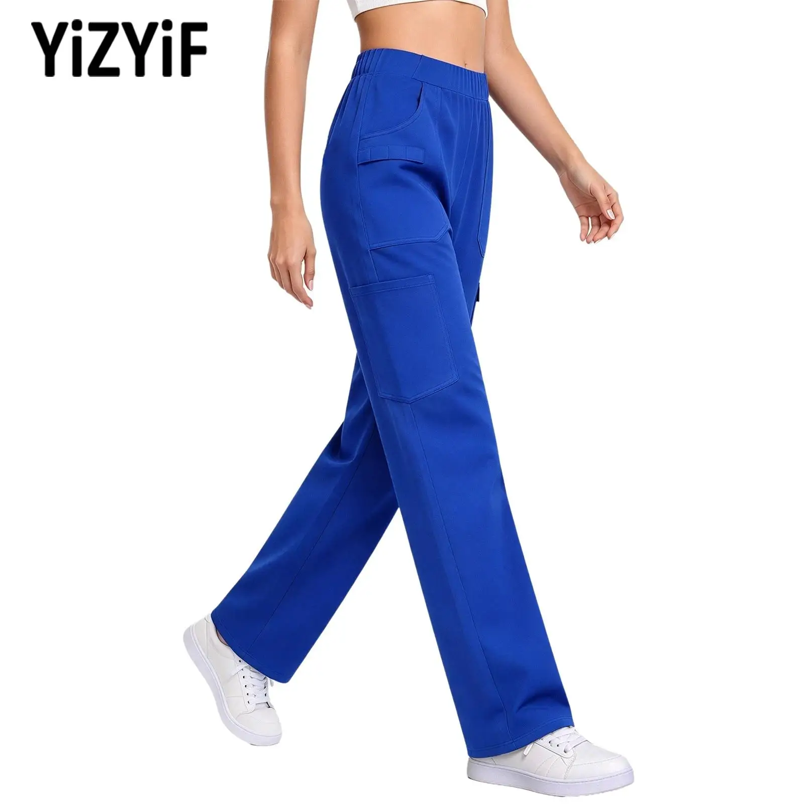Women Yoga Scrub Pants Elastic Waistband Straight Leg Trousers with Pockets Pen Loop‌s for Hospital Nursing Home Gym Practice