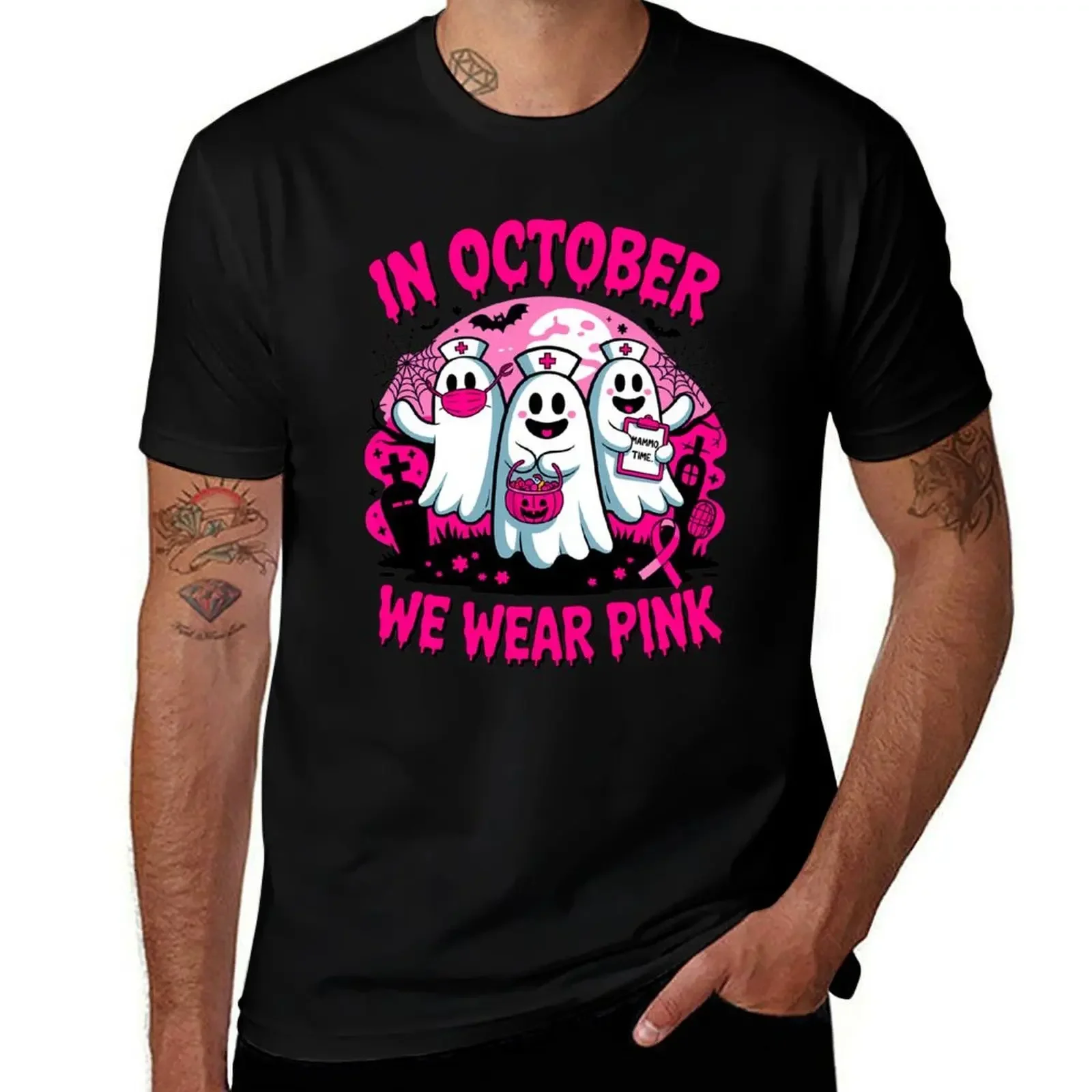 

In October We Wear Pink Breast Cancer Awareness Cute Ghost T-Shirt vintage Personalized t-shirt plain black t shirts men