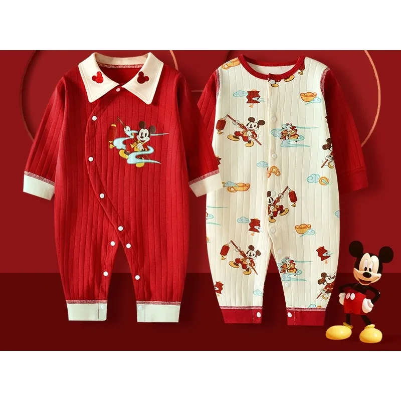 

Новые комбинезоны для новорожденных, милые комбинезоны с рисунком Микки в стиле Весеннего фестиваля, хлопковый комбинезон с длинными рукавами и круглым вырезом для девочек и мальчиков