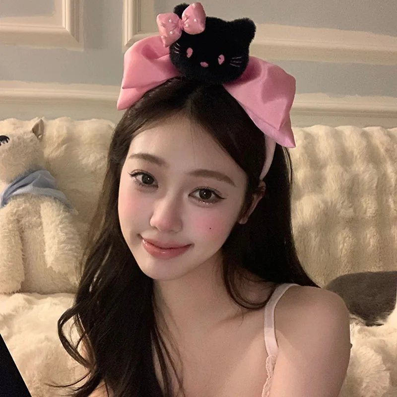 Sanrio Anime Hello Kitty Bow Headband for Girls Plush Hairband Hello Kitty Wash Face Make Up Accessories Stuff Headband Gifts