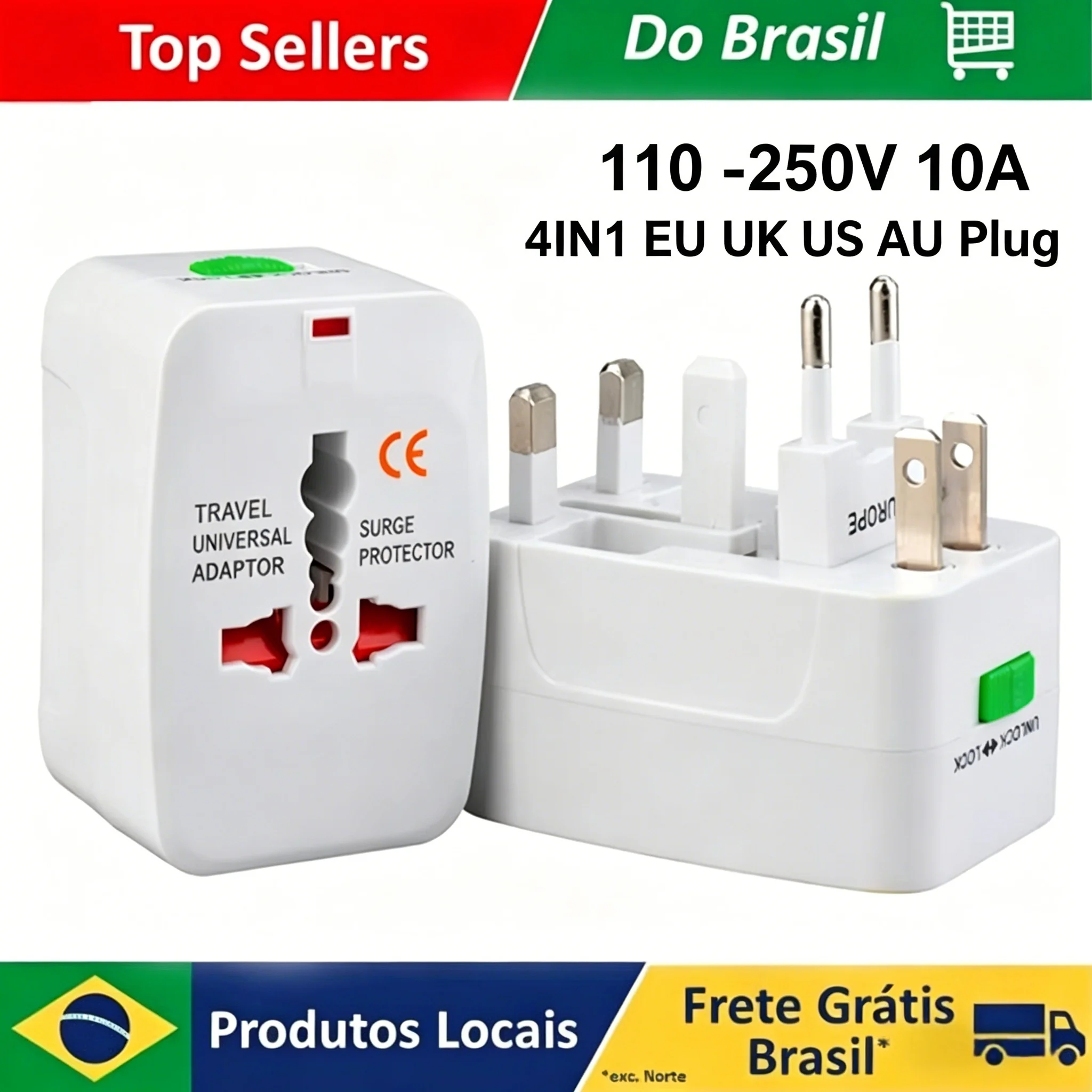 Adaptador de Tomada Internacional Portátil Brasil, EUA, Reino Unido, UE, Tudo em Um, com 2 Portas USB Tipo C e Carregador AC