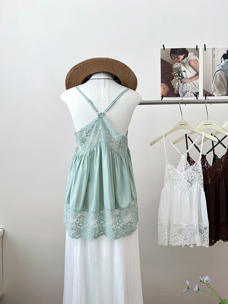 Elegant V-Neck Lace Splice Tank Top Women's Summer Fashionable Hollow out Design Inner And Outer Wear Short Length