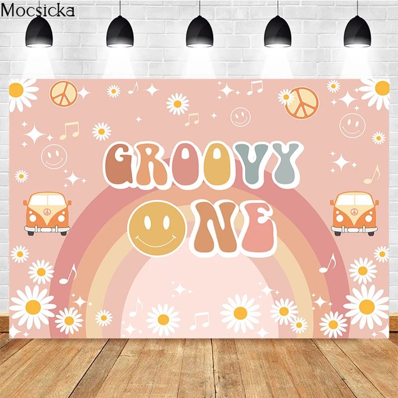 Mocsicka-Fondo de fotografía de primer cumpleaños para niños, decoración de fiesta de cumpleaños de margaritas y arcoíris, pancarta de fondo de foto de Smash de pastel