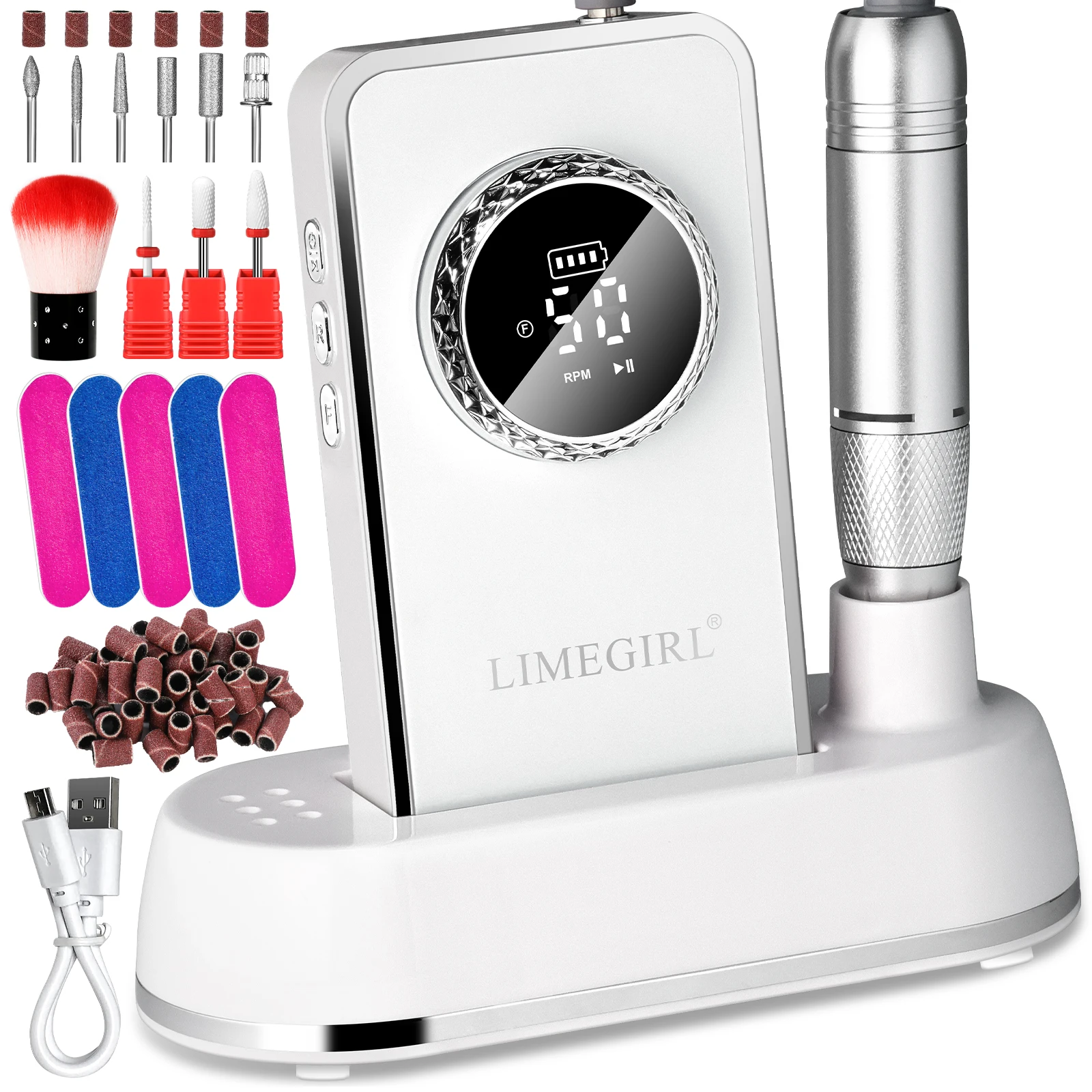 

LIMEGIRL Electric 45000RPM Nail Drill Machine Rechargeable Portable Nail File Electric DIY Nail Drill Kit With Smart LCD Screen