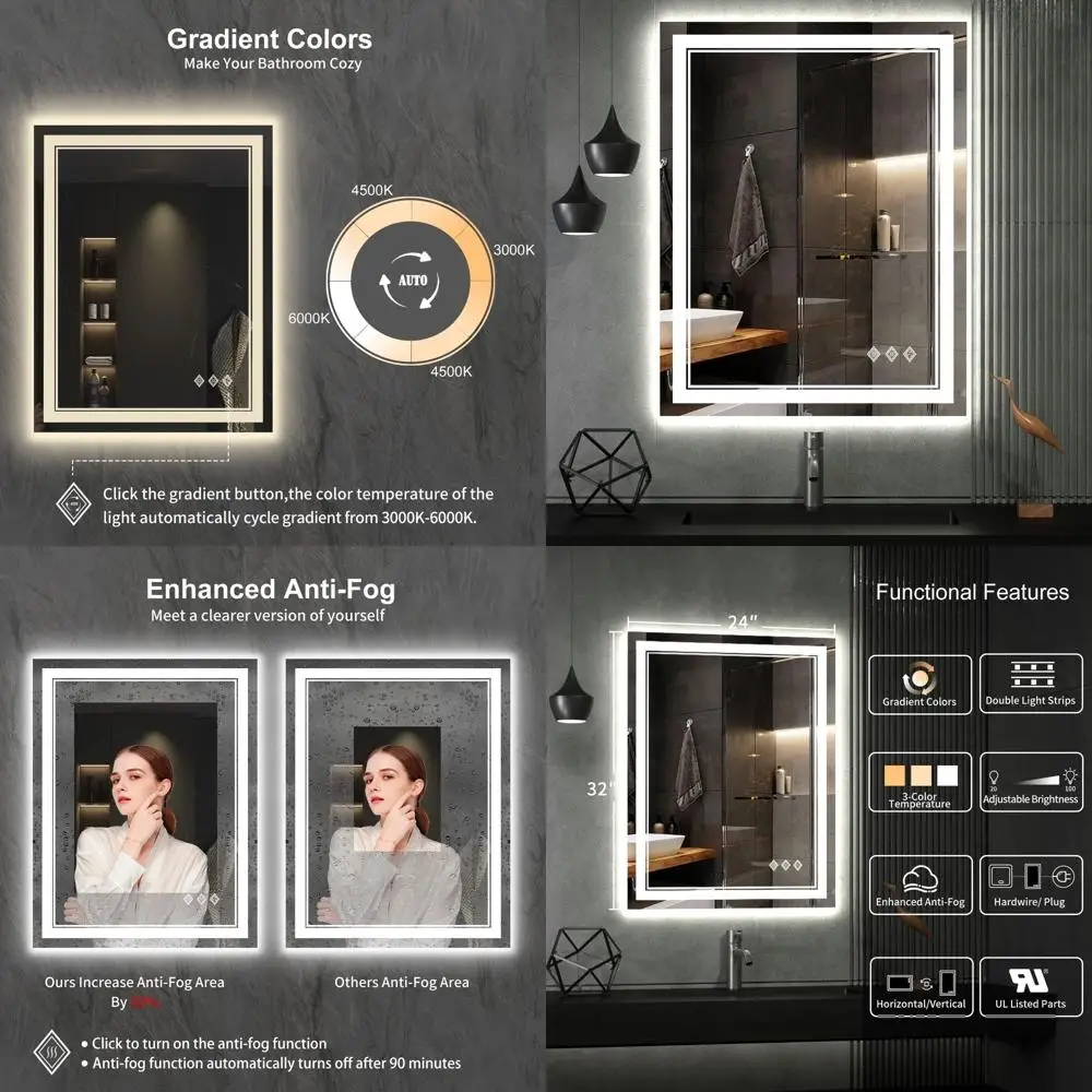24 x 32 Zoll LED-Badezimmerspiegel mit Farbverlaufsbeleuchtung, 3 Farboptionen, hoher CRI, Antibeschlag, Wandmontage-Kosmetikspiegel