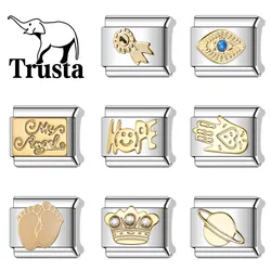 Trusta 2024 Cute Golden Hope My Angel Charm Italian Links 9mm Bracelet Stainless Steel for Women DIY Jewelry Wholesale N237