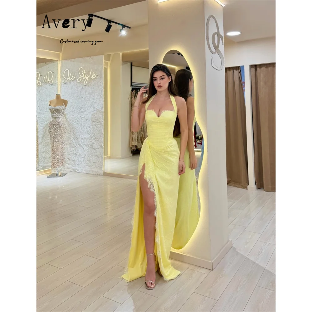 

Avery Custom Fishtail Side Slit Yellow Lace Curved Elegant Party Dresses 2026 Prom Dress Chic Wedding Evening Dress for Event