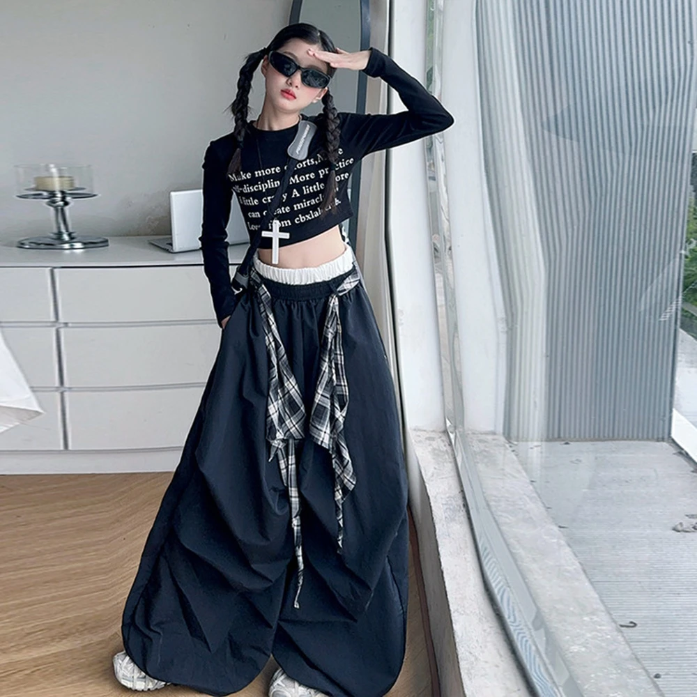 Teen Girls Clothes Set Spring Autumn Letter Short T-shirt+Plaid Silk Scarf Wide Leg Cargo Pants 2pcs Children Suits Kids Outfits