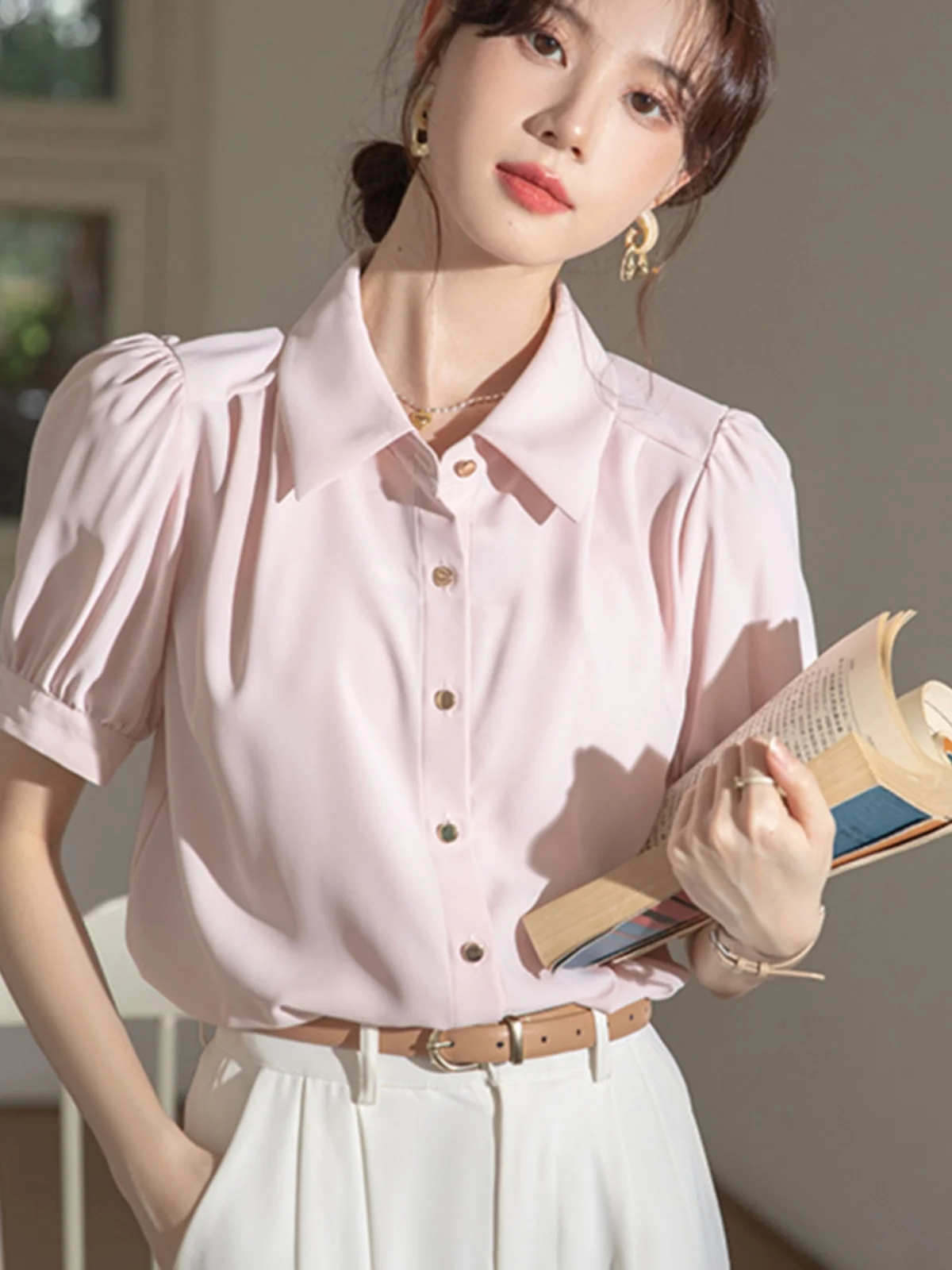 

Anti-Wrinkle Bubble Sleeve Short Sleeve Casual Professional Shirt Women Summer Style Collar Pink Korean Version