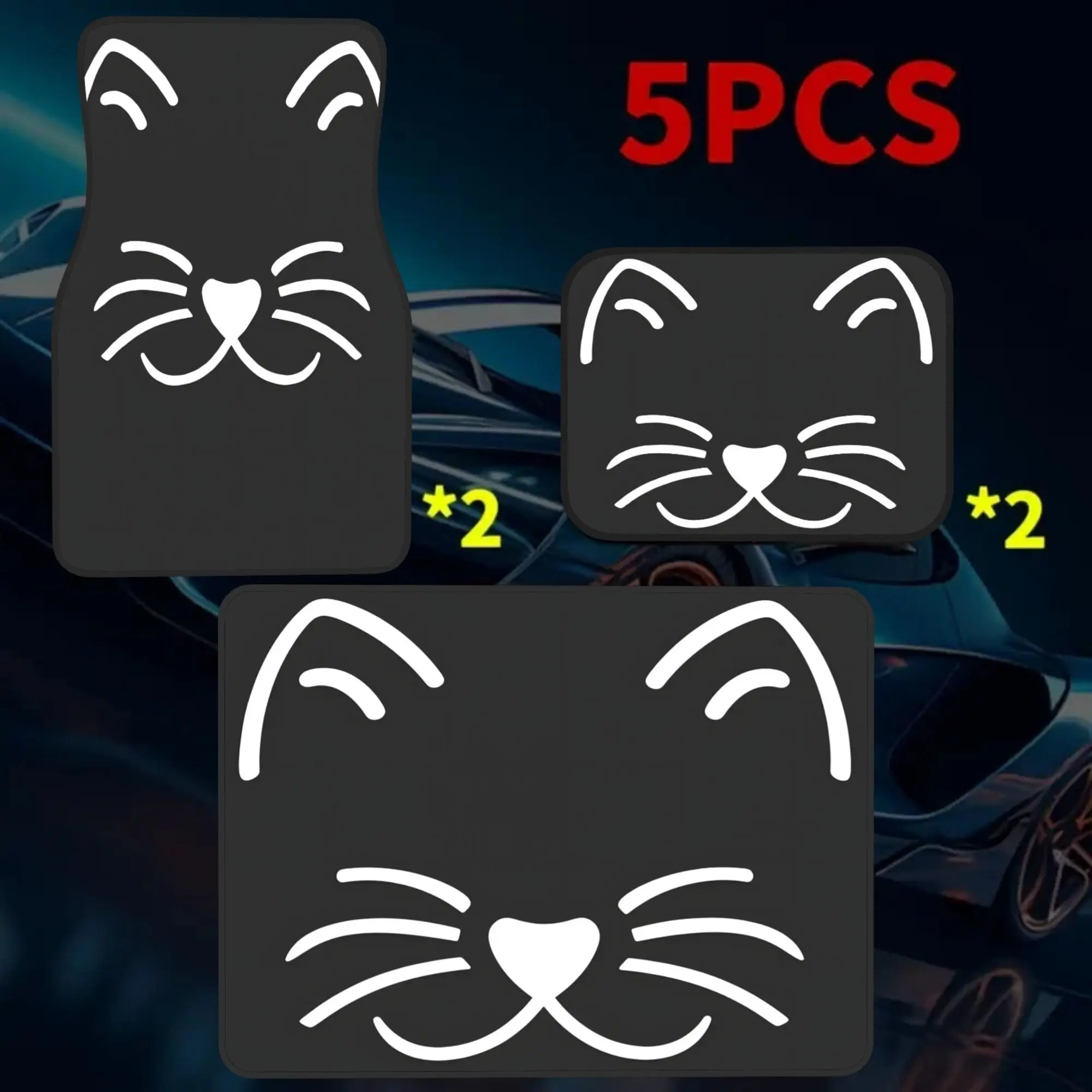 Set Of 5 Minimalist Black Cat Face Floor Mats Featuring Whiskers And Ears In A White Outline Design, Perfect For Any Vehicle. Th