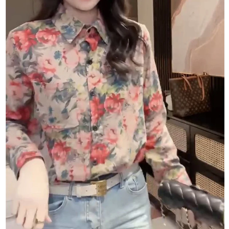 Women Clothing Stylish Vintage Floral Print Button Up Shirt Casual Chic Lapel Blouse Spring Autumn Long Sleeve Loose Tops Blusas