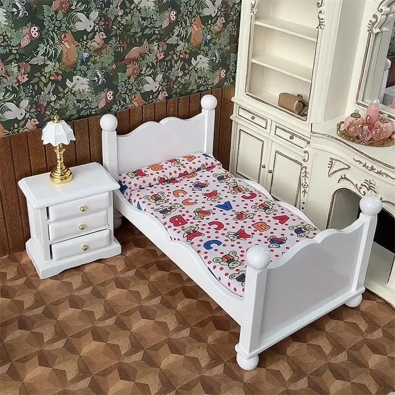 

1:12 Dollhouse Miniatures Wooden Single Bed Nightstand Set Model Doll House Bedroom Scene Decor Ornaments Pretend Play Toys DIY