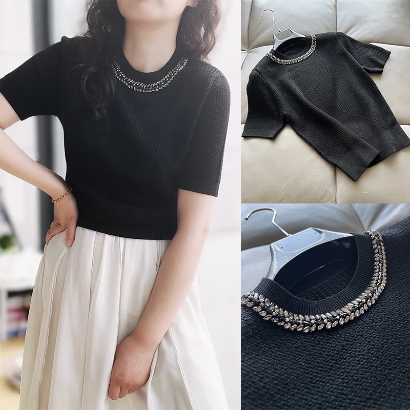  Gold Embellied Knitwear ort Sve Fine Wool Netie Women's Faion Straight Cut Simple Design Spring 2025