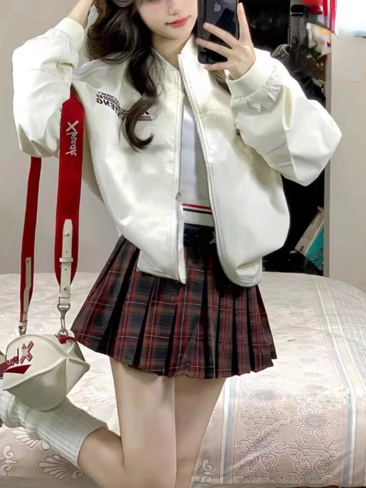 Winter Y2k New Two Piece Set Women Zipper Bomber Jacket+plaid Cake Mini Skirt Female Korean Fashion Sweet Cute Skirt Suit 2024