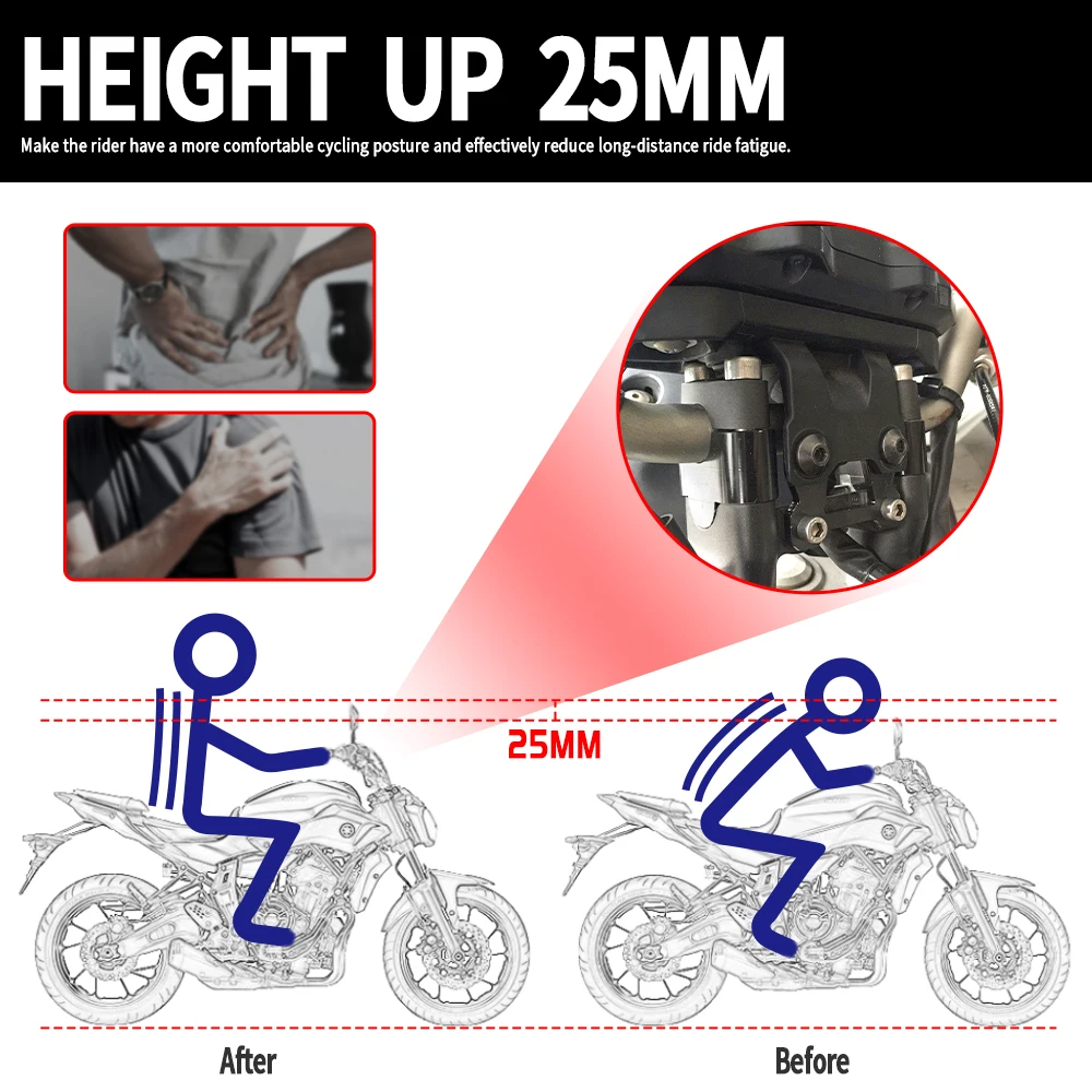 MT07 Handlebar Riser Handle Bar Adapter Mount Clamp 25mm For Yamaha  FZ-07 FZ07 MT 07 Tracer 700 Moto Cage 2014-2020 Motor