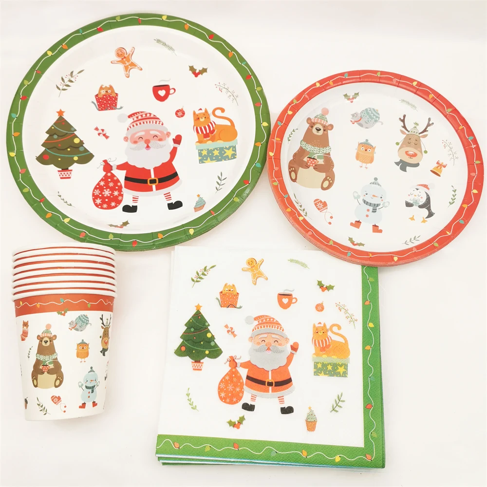 8 Stück Weihnachtsbaum Weihnachtsmann Einweggeschirr Pappteller Tassen Servietten Weihnachtsfeierzubehör