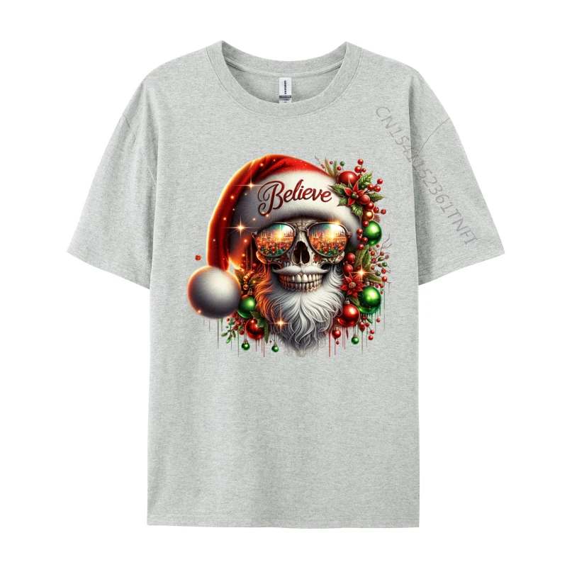 Believe In Santa Claus Skull Face Sunglasses X-Mas Winter  T-Shirt Vintage Men's T-Shirt Tops Graphic Printed Tees Loose Daily