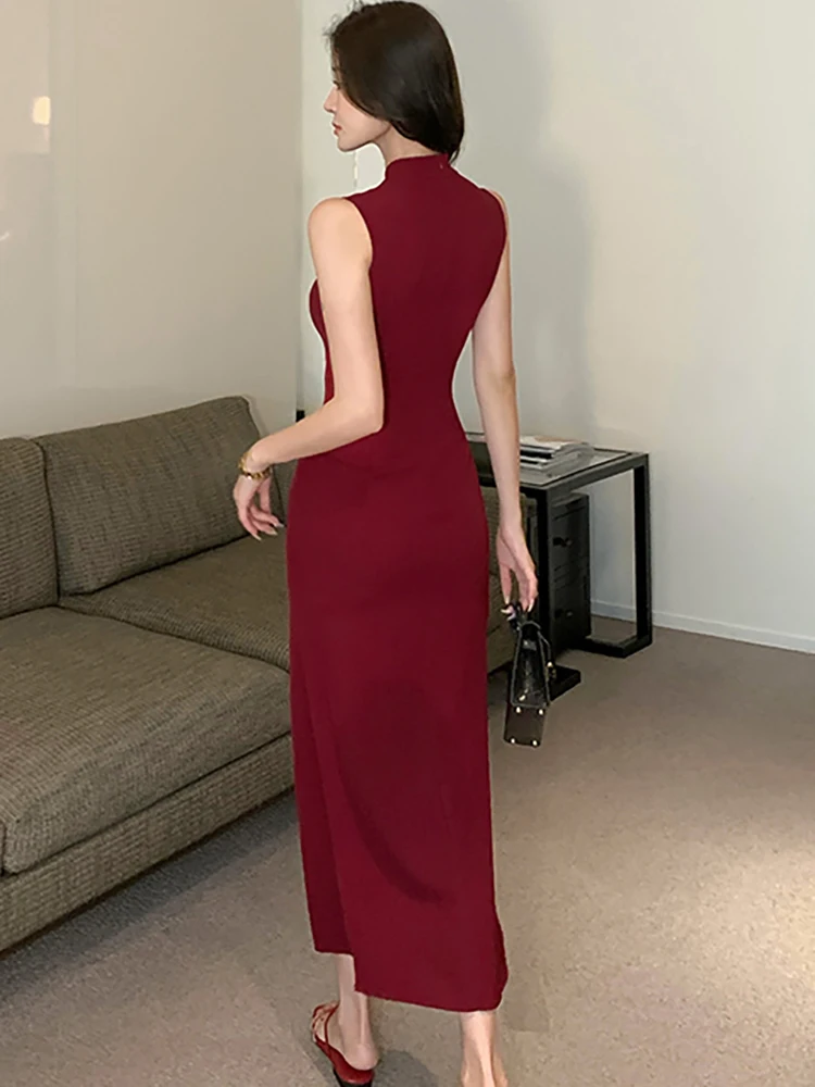 Summer Red Sleeveless Stand Chic Slit Sexy Long Dress Women Vintage Luxury Evening Dress 2025 Korean Bodycon Festival Prom Dress