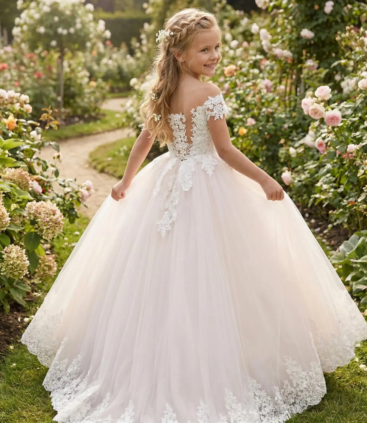 

Элегантное платье цвета слоновой кости для девочек на свадьбу, с кружевными аппликациями, длиной до пола, в стиле принцессы, для Первого Причастия, нарядное платье для банкета/квинсеаньеры