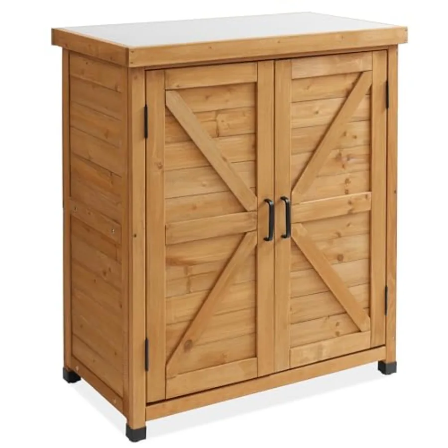 Outdoor Garden Potting Bench with Metal Tabletop and Storage Cabinet - Wooden Outdoor Garden Patio Workstation Table, Natural