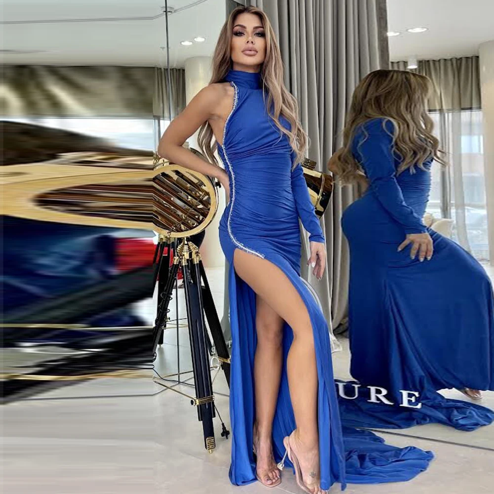 

Sexy Elegant Party Dresses Woman Dark Royal Blue Satin Rhinestone Pleat Sheath One-shoulder Floor Length Dresses Gowns 2024