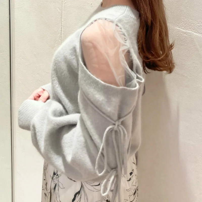 Sexy Shoulder Strapless Drawstring Voile Patchwork Sweaters Autumn Chic Sweet Knitted Pullovers Japan Style O-neck Tops