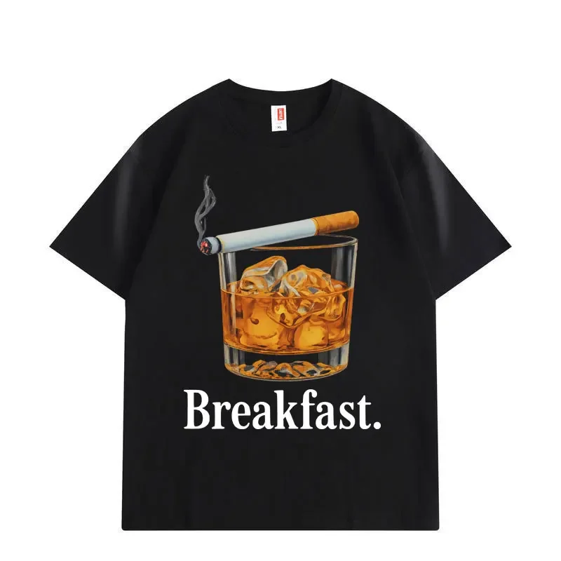 

Men's Breakfast cigarette, fun meme pattern printed short-sleeved T-shirt, high-quality fashionable streetwear