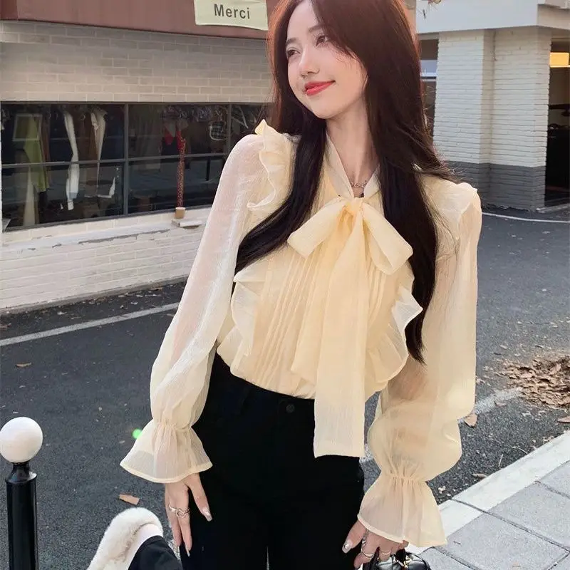

Bow Lacing Solid Temperament Blouse Spring Autumn Long Sleeve Ruffles Chiffon Elegant Shirt Tops Fashion Korean Women Clothing