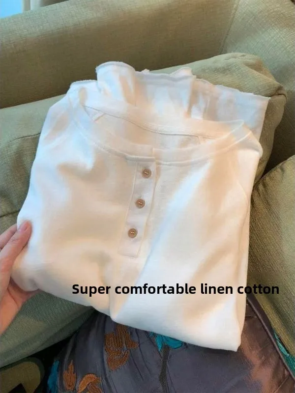 Comfortable Breathable Loose Women's T-shirt Korean Style Commute Long Sleeve Shirt Casual Versatile Inner Wear Cotton Linen ...