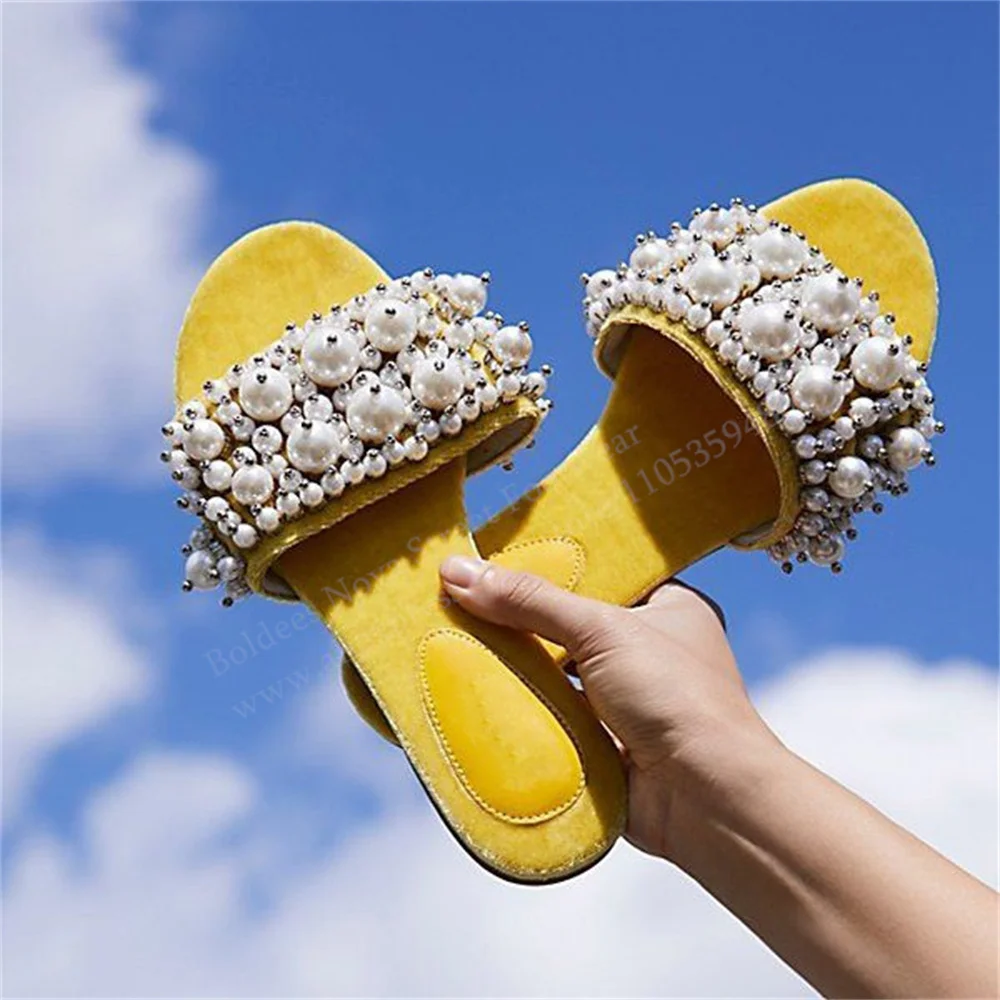 Water Diamond Pearl Strap Breathable Outer Suede Flat Slippers Women Open Toe Summer New Cool Dragging Solid Color Mules