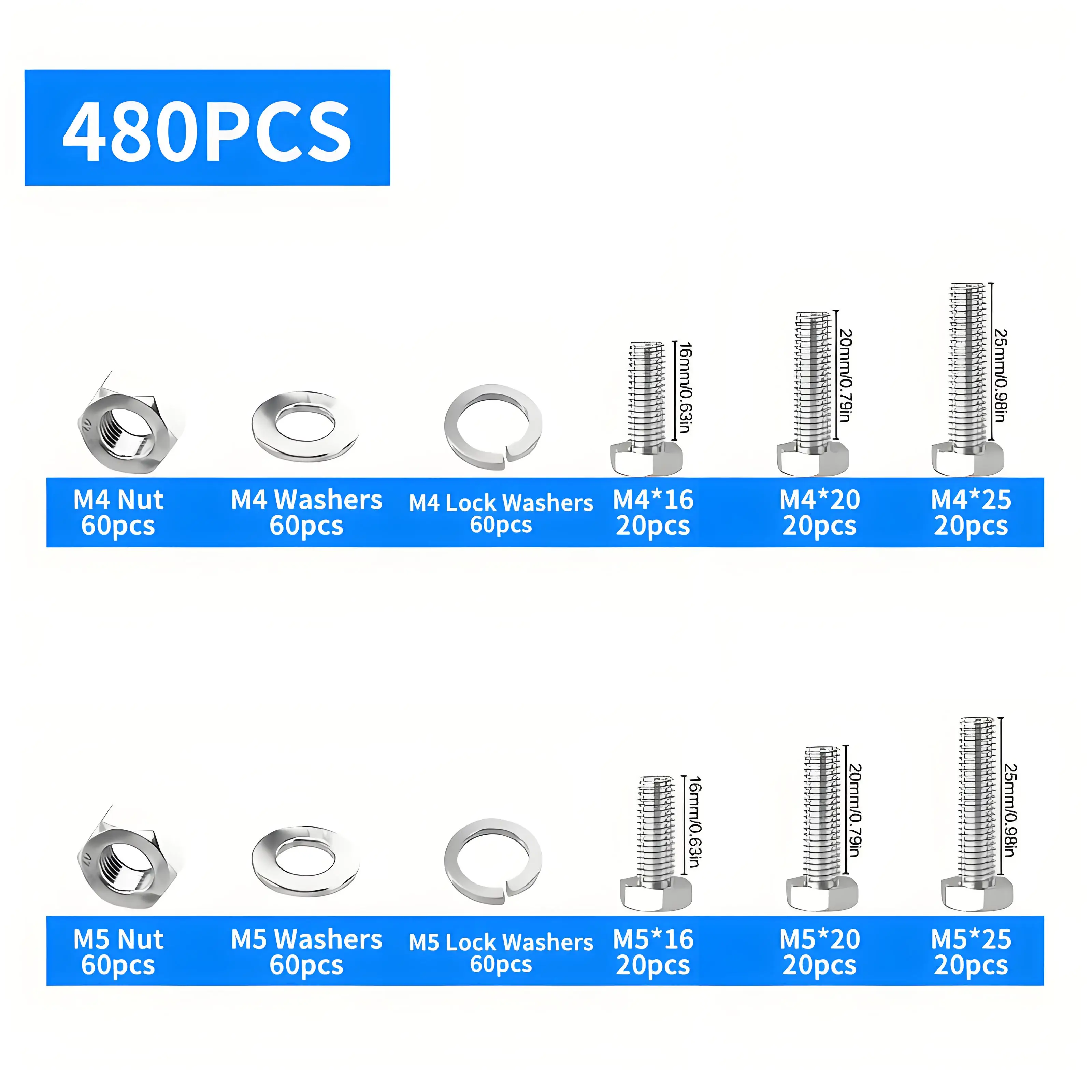 مجموعة مسامير وصامولة من الفولاذ المقاوم للصدأ 304 مكونة من 480 قطعة، مجموعة أدوات شفة سداسية M4 M5 مع غسالات - تشكيلة DIY مقاومة للصدأ