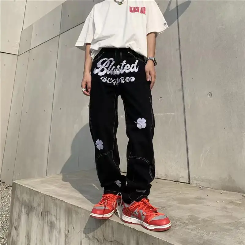 American Harajuku high street five-leaf clover embroidered jeans for men and women hip-hop oversize loose straight y2k trousers