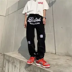 American Harajuku high street five-leaf clover embroidered jeans for men and women hip-hop oversize loose straight y2k trousers