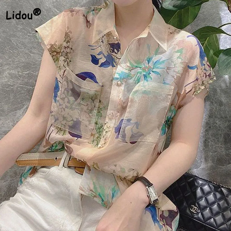 Fashion Printed Elegant Turn-down Collar Shirt Female Korean Casual Pockets Spliced Short Sleeve Blouse Summer Women\'s Clothing