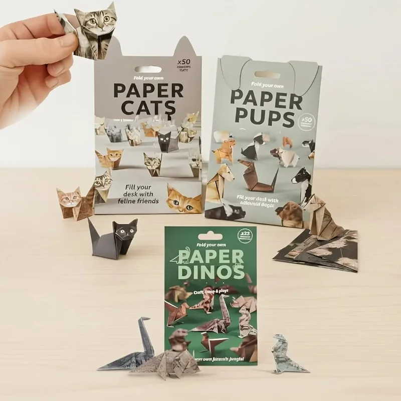 3Boxes Complete Paper Cats, Dogs and Dinosaur Origami Kit for Adults - 50Sheets/Box Step-by-Step DIY 3D Paper Craft Set