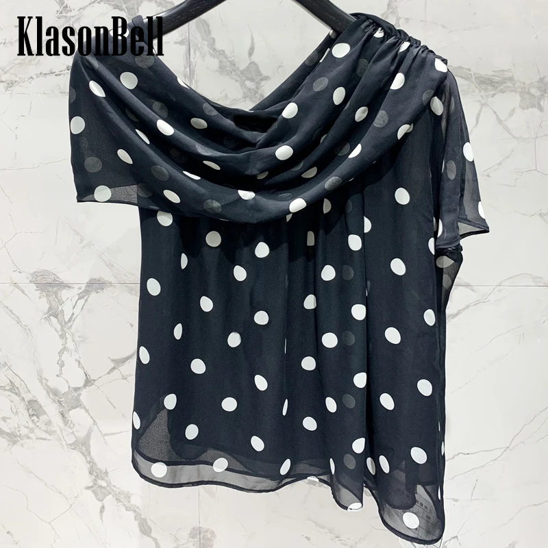 

6.12 KlasonBell Women Sweet Hot Sexy Ruched One-Shoulder Shirt Polka Dot Print Short Sleeve Holiday All-matches Blouse