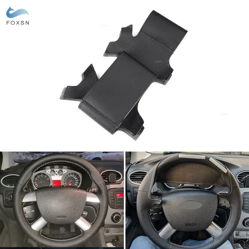 For Ford Kuga Focus 2 C-MAX Car Interior Steering Wheel Cover Hand Stitched Black Perforated Leather with Needles & Threads Kits