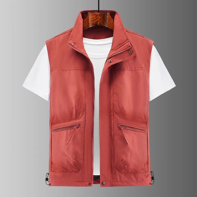 

Men Solid Color Breathable Loose Thin Vest Male Waistcoat Hots New Summer Men Fishing Multiple Pockets Solid Stand Collar Vest