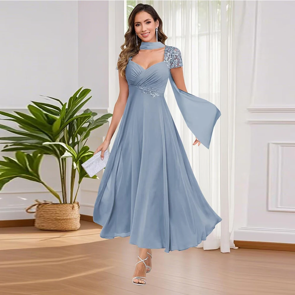 

Изысканные платья для матери невесты по индивидуальному заказу с шарфом для женщин, шифоновое платье трапециевидной формы чайной длины, свадебное платье для гостей 2025