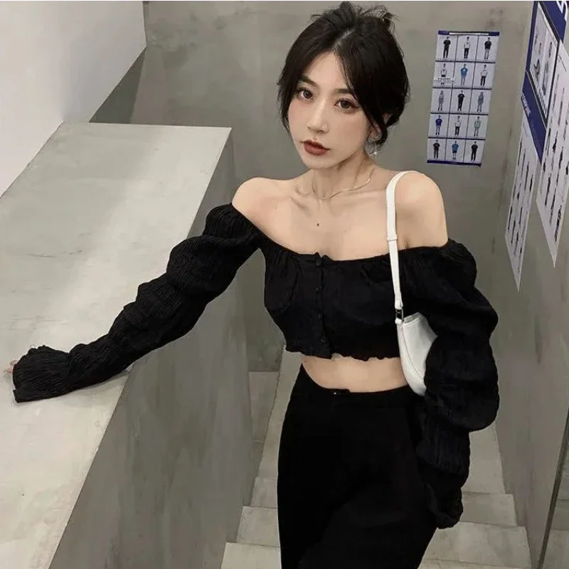 Zwarte Shirts Vrouwen Lange Mouw Crop Tops High Street Sexy Minimalistische Elegante Lente Y2k Kleding Slanke Ulzzang Esthetische Camisas