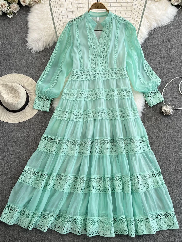 

Ретро-платье с длинными рукавами, V-образным вырезом, приталенное, с кружевными вставками, сказочная юбка с высокой талией, А-силуэт