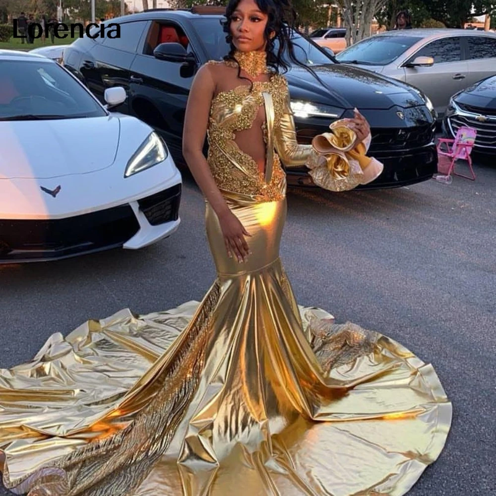 Customized Gold Prom Dress For Black Girls Crystal Lace Mermaid Birthday Party Gowns Rhinestones Long Birthday Outfit YPD166