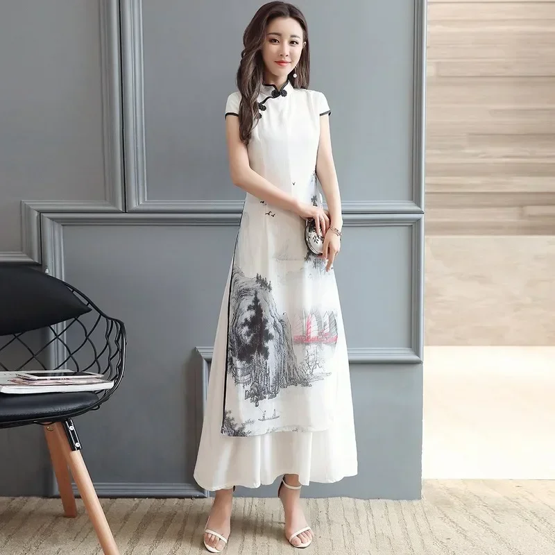 Summer Elegant Slim Women's Clothing Landscape Painting Cheongsam White Dress Qipao Chiffon Robe Vintage Chinese Style Dresses