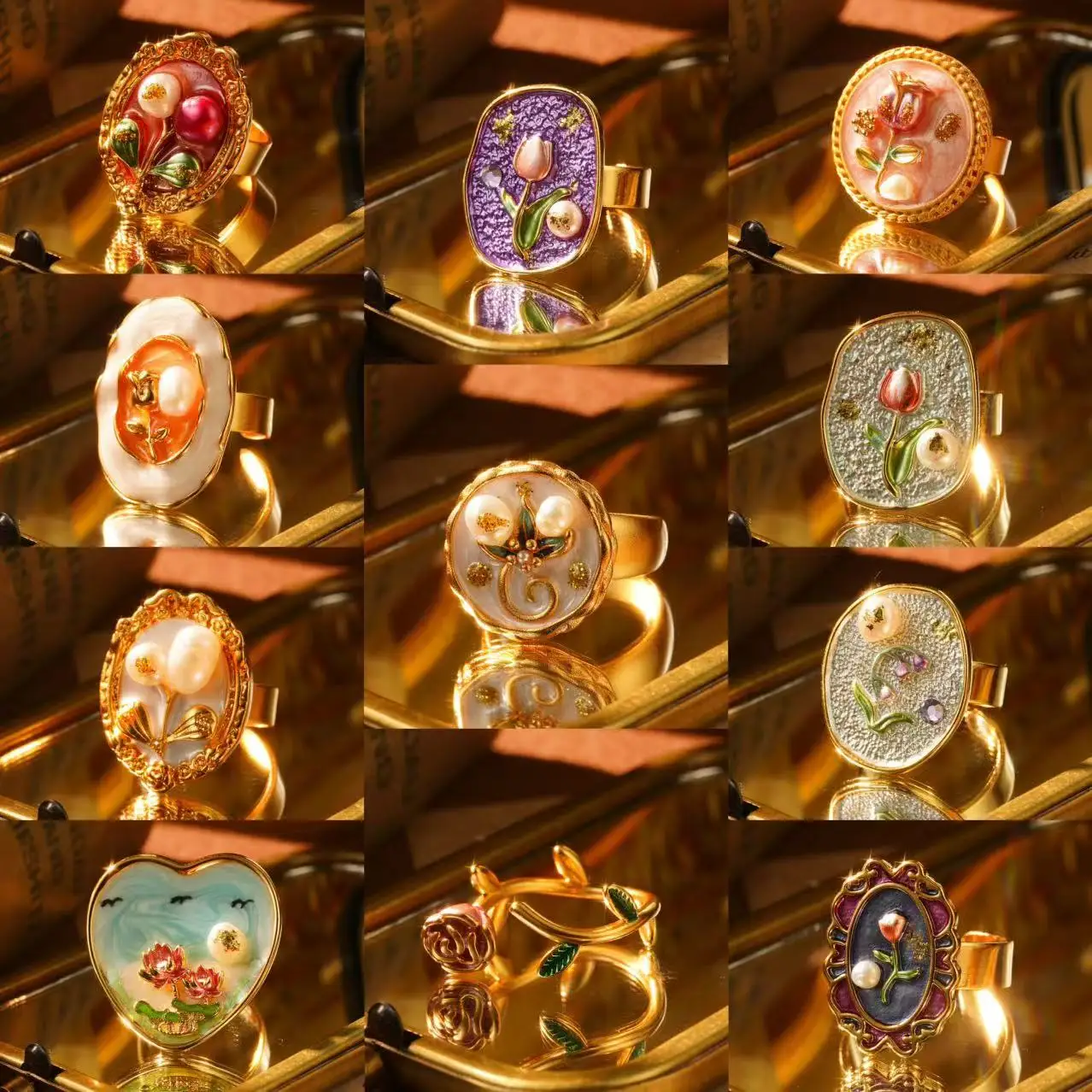 

Vintage French Romantic Baroque Pearl Rings for Women Flower Oil Painting Series Luxury Charm Jewelry Gold Plated Creative Gifts