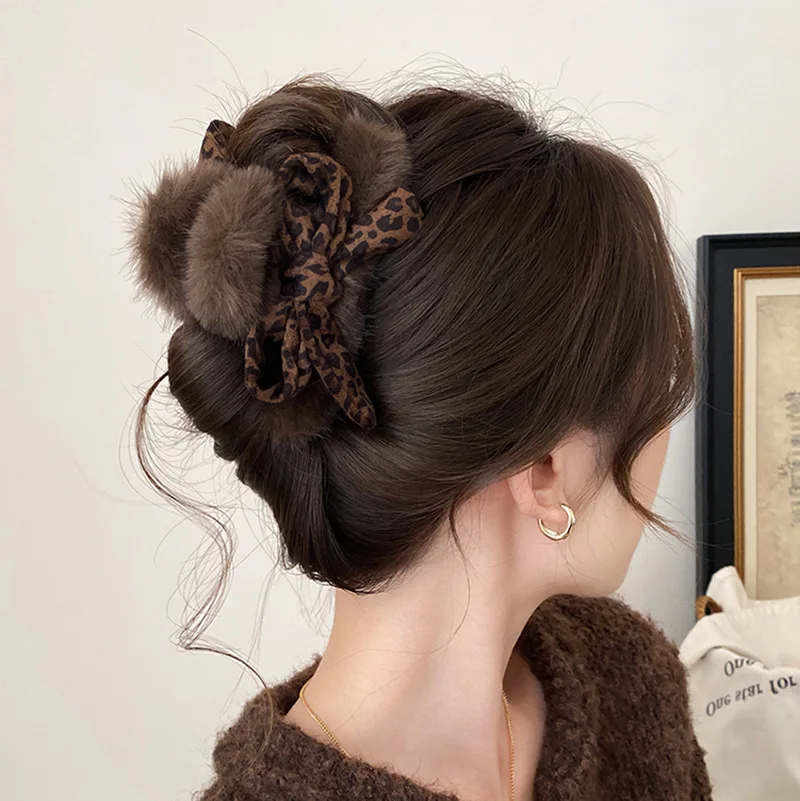 

Leopard Print Plush Hair Claw Clip Butterfly Bow Non Snag for Bun Updo Back Head Women Home