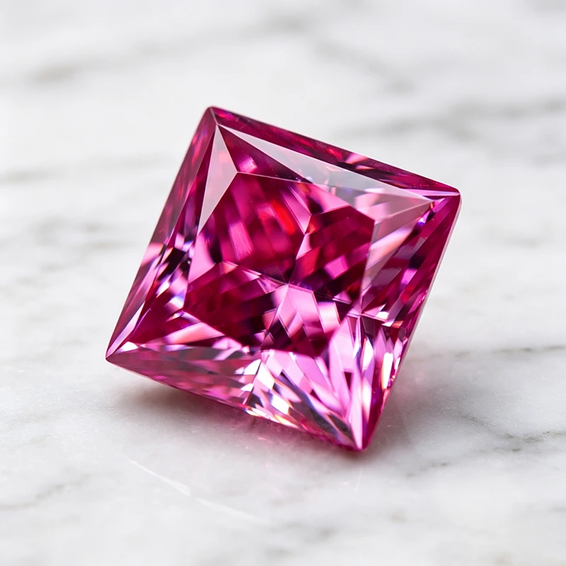 Moissanit-Stein im Princess-Schliff, rosa Farbe, im Labor gezüchteter Edelstein für DIY-Schmuckherstellung, besteht den Diamanttest mit Zertifikat. – Detail 4